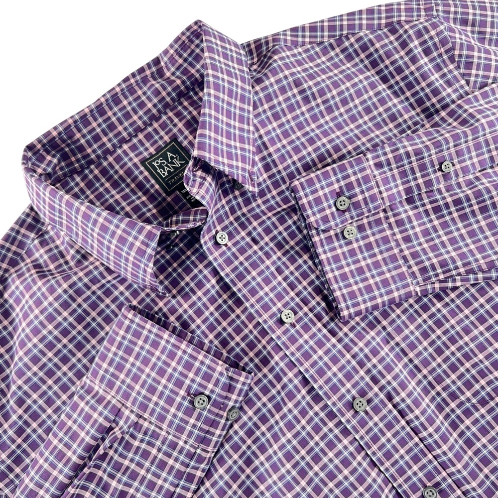 Jos. A. Bank Traveler Shirt Mens 2XLT Purple Plaid Tailored Fit Button Down